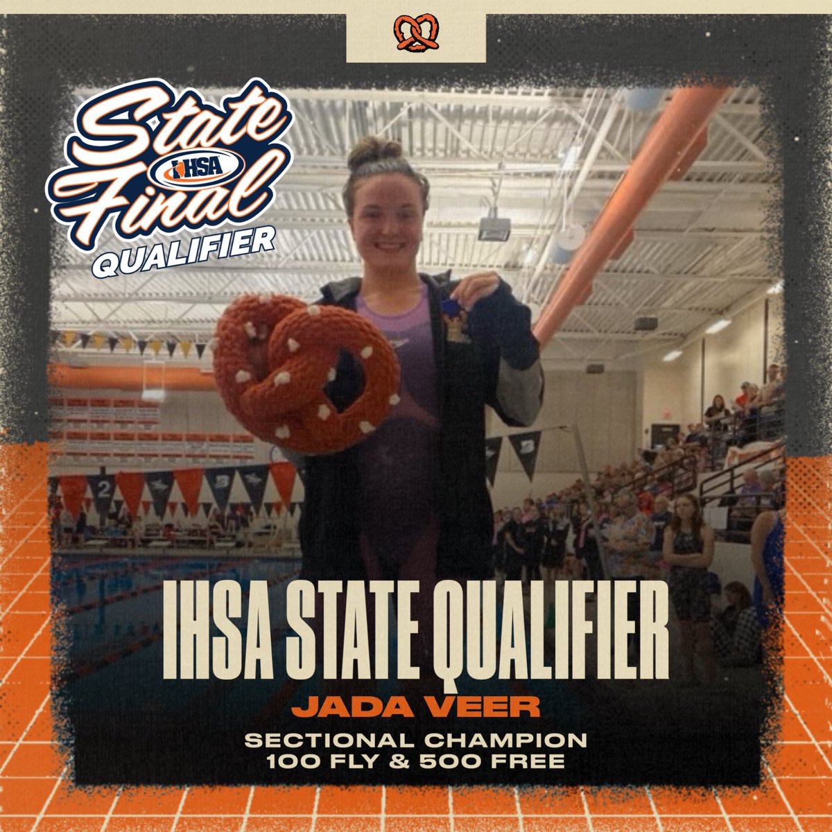 PretzSports's tweet photo. π Huge congratulations to Jada Veer, our Sectional Champion in the 100 fly and 500 free, and @IHSA_IL STATE FINALS qualifier! Weβre so proud of you, Jada! Go make waves at state! πββοΈπ§‘π€ #PretzelPride #StateBound #GoJada https://t.co/5AX9WWdkXn