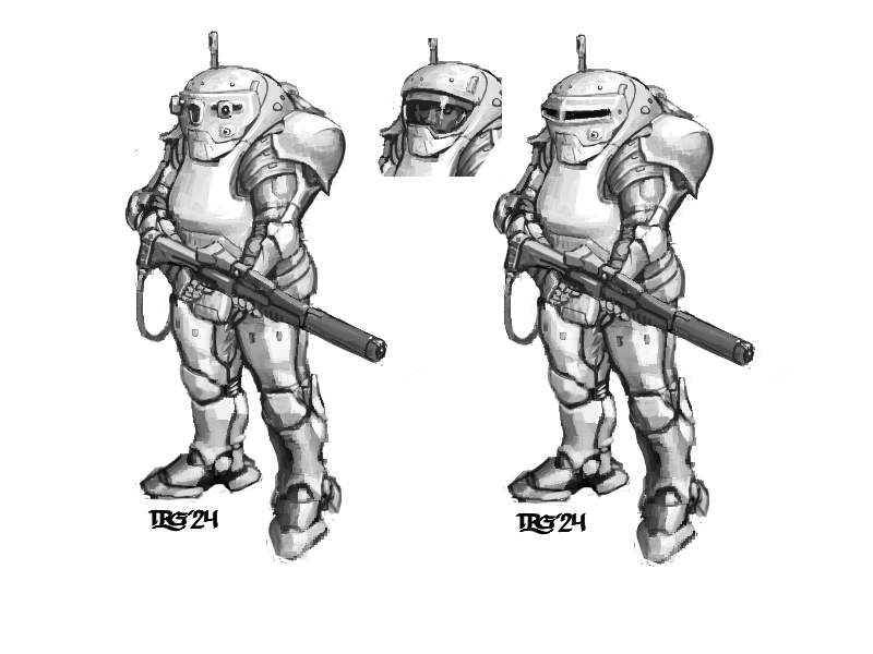 RyujinDX's tweet photo. Sketch of a hardsuit w/powered exoskeleton.  The pauldrons' primary function is to protect the shoulder mechanisms.  Going for retro stylings, esp. with the visors. https://t.co/fPTJG1fyrN
