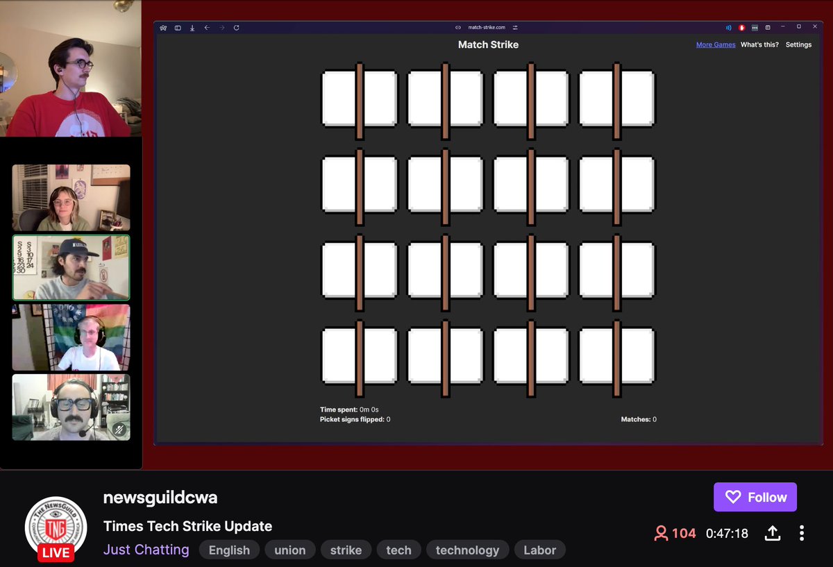 NYTGuildTech's tweet image. LIVE: Meet the striking workers behind our games!  twitch.tv/newsguildcwa
