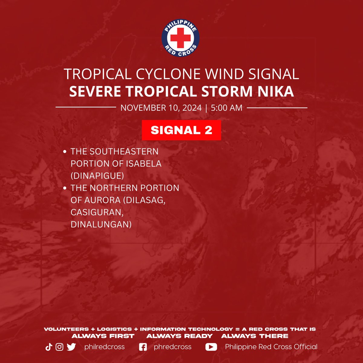 philredcross's tweet photo. #PRCUpdate | According to @dost_pagasa 5:00 AM weather bulletin on Sunday, #NikaPH intensifies into Severe Tropical Storm and is currently undergoing rapid intensification. 

Tropical Cyclone Wind Signal #2, and #1 were hoisted in the following areas:

#PRCCares #AlwaysFirstAlwaysReadyAlwaysThere