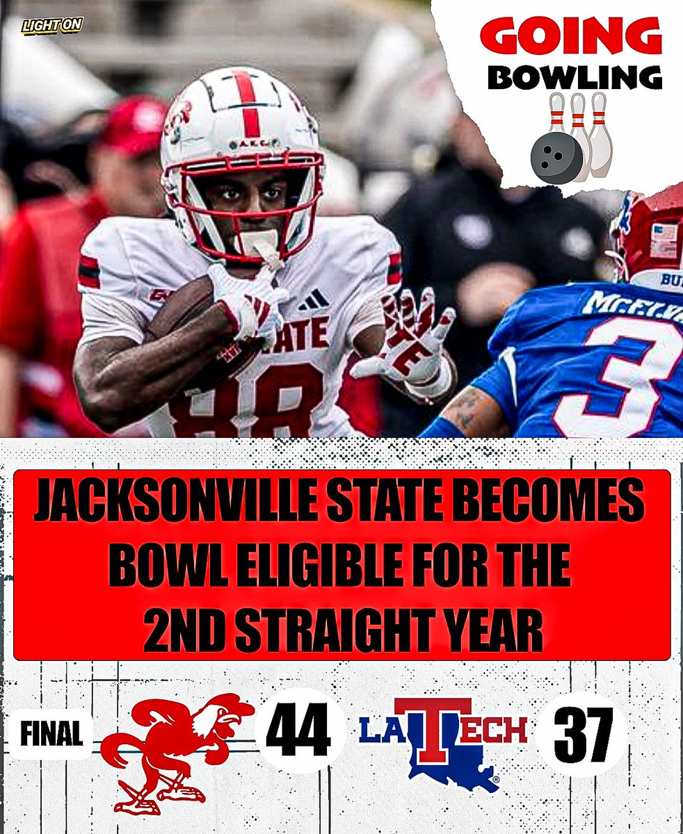 The Jacksonville State Gamecocks become bowl eligible for the 2nd straight year, following their 44-37 win over Louisiana Tech. 🐓🔥

Jax State is on a six-game winning streak and 5-0 in CUSA play. 👀

📸: <a href="/JaxStateFB/">Jax State Football</a>