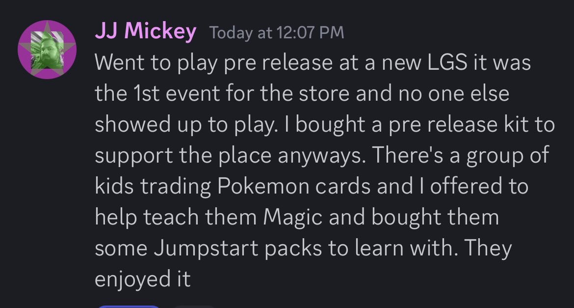 Jen_FilthyMTGCasuals - find me elsewhere 🦋 (@filthymtgcasual) on Twitter photo Can we talk about doing the right thing, being a good person and supporting and growing the community.
<a href="/JJ_Mickey_Media/">JJ Mickey, gamer and music-maker</a> you are a great human being! Can we talk about doing the right thing, being a good person and supporting and growing the community.
<a href="/JJ_Mickey_Media/">JJ Mickey, gamer and music-maker</a> you are a great human being!