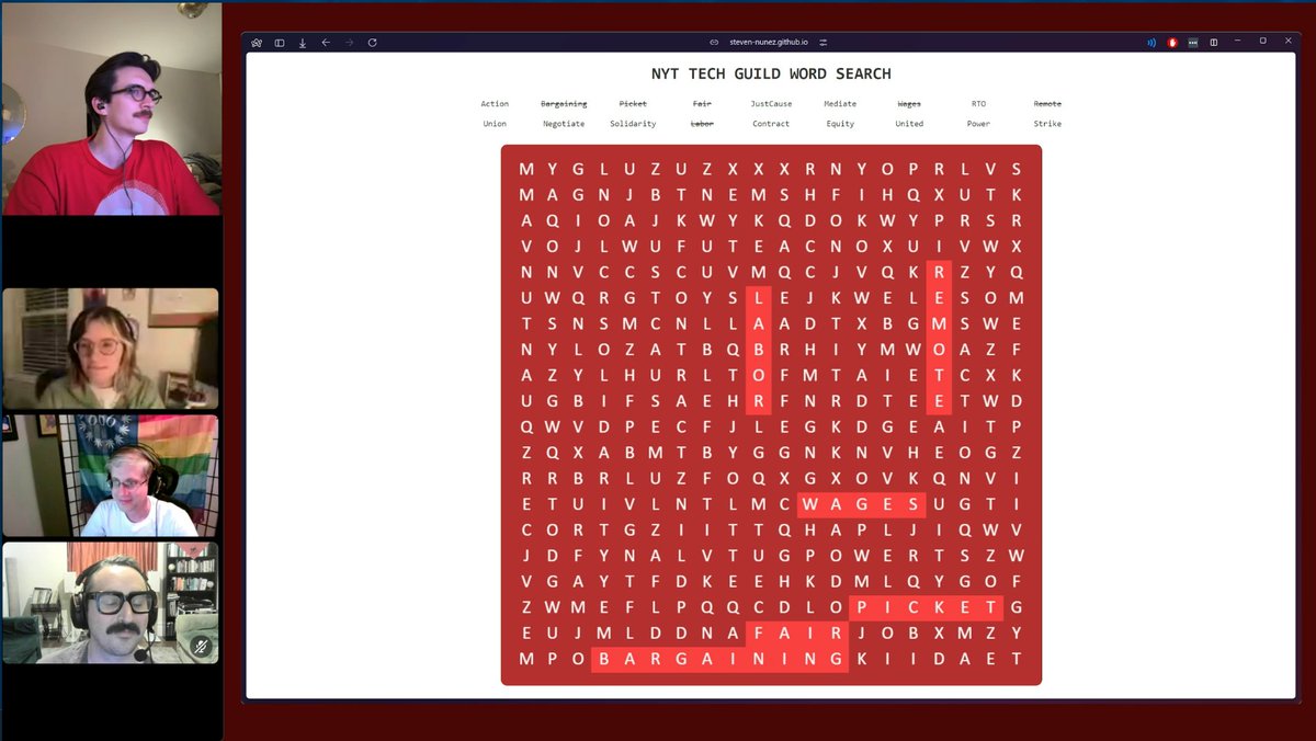 NYTGuildTech's tweet image. Can you solve the union word search faster than our 200 IQ unit members can? (Spoiler: Probably)

twitch.tv/newsguildcwa
