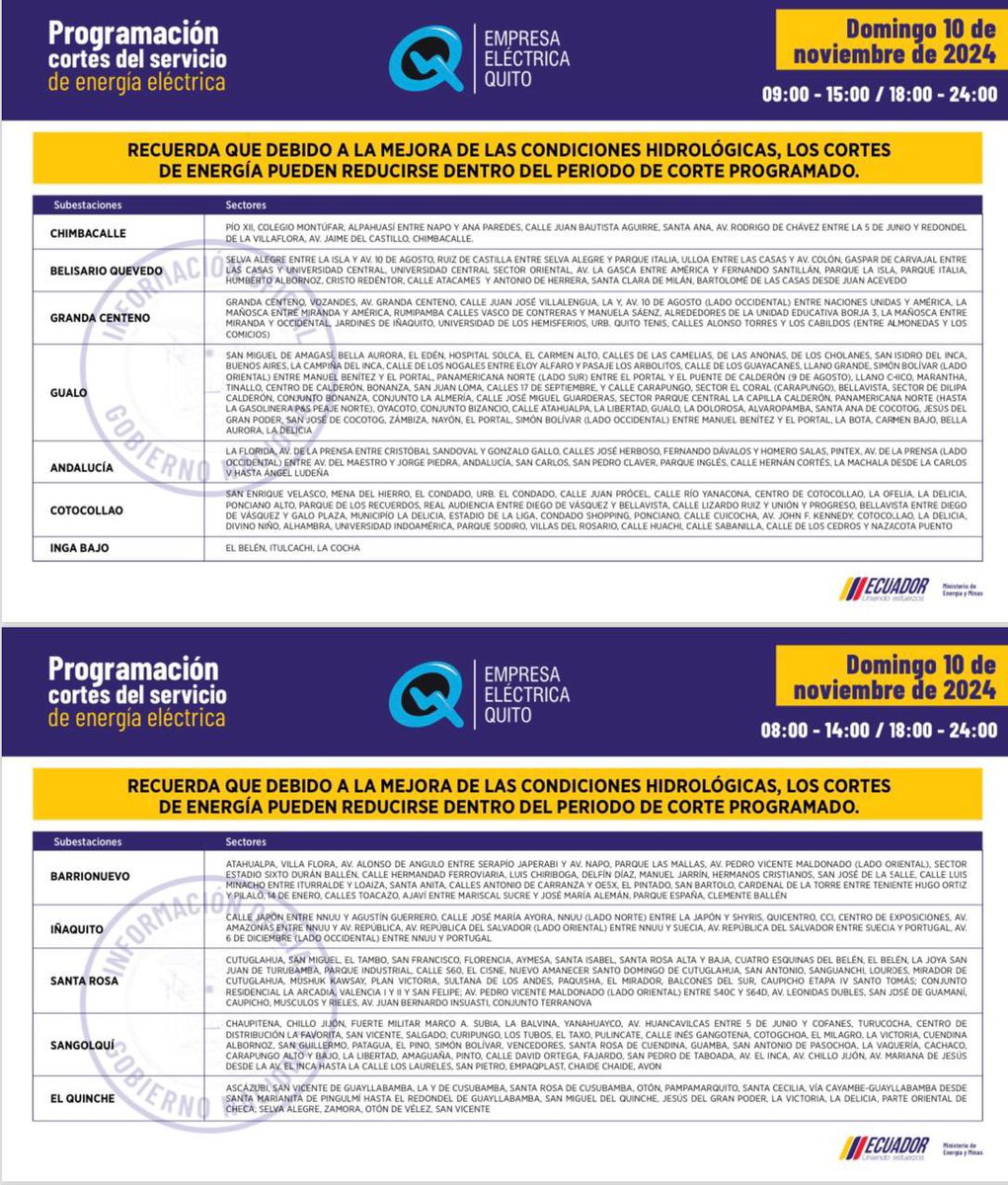 Plataforma_aire's tweet photo. El @RecNaturalesEC dió a conocer los nuevos horarios de cortes de luz de hasta 12 horas diarias. Este es el horario para este domingo. 👇
#EcuadorSinLuz https://t.co/7VlhFun8c5