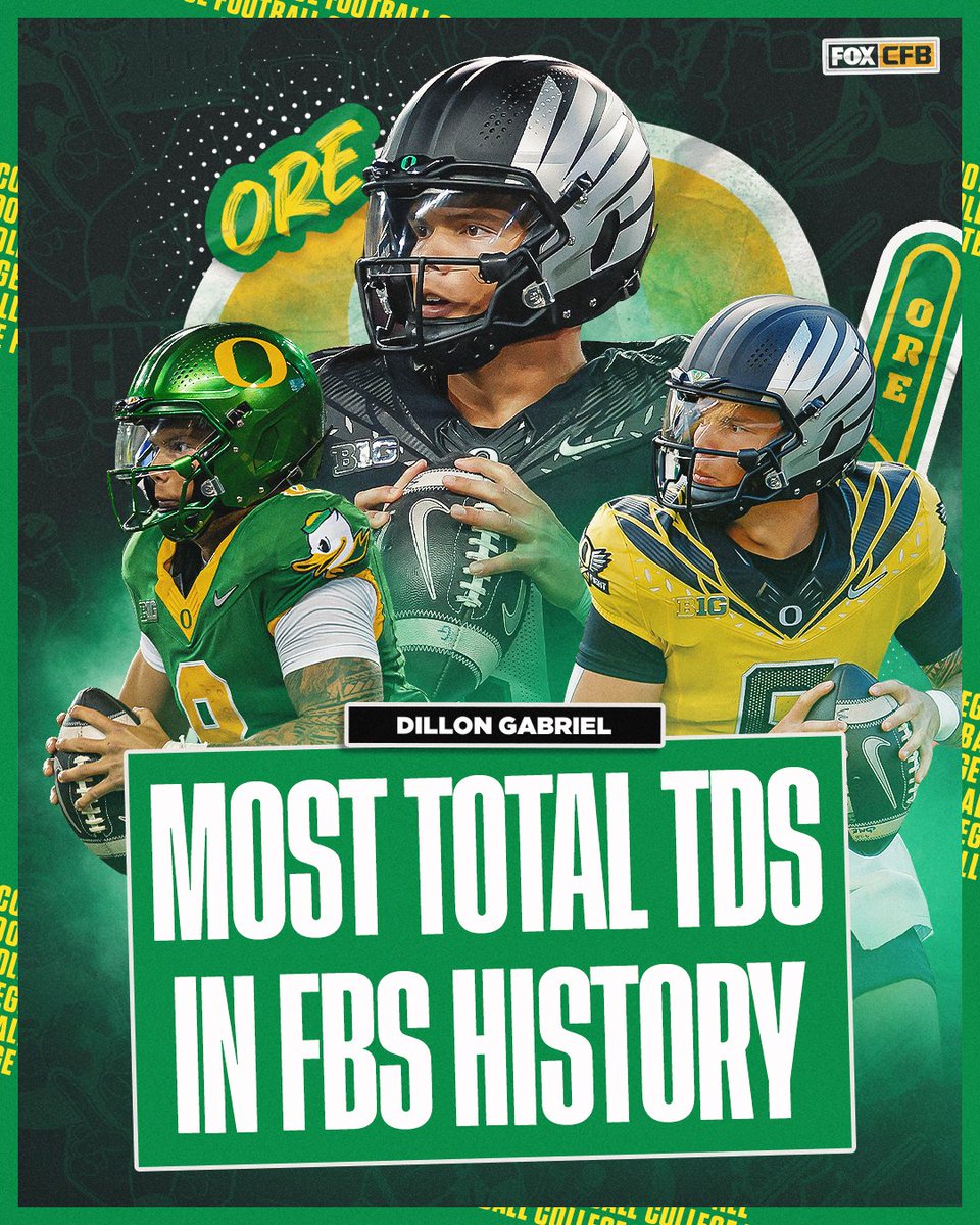 CFBONFOX's tweet photo. MOST TOTAL TDS IN FBS HISTORY 🦆🔝

With that TD, @oregonfootball's Dillon Gabriel makes CFB history 👏👏 https://t.co/fRt1AgAJqU