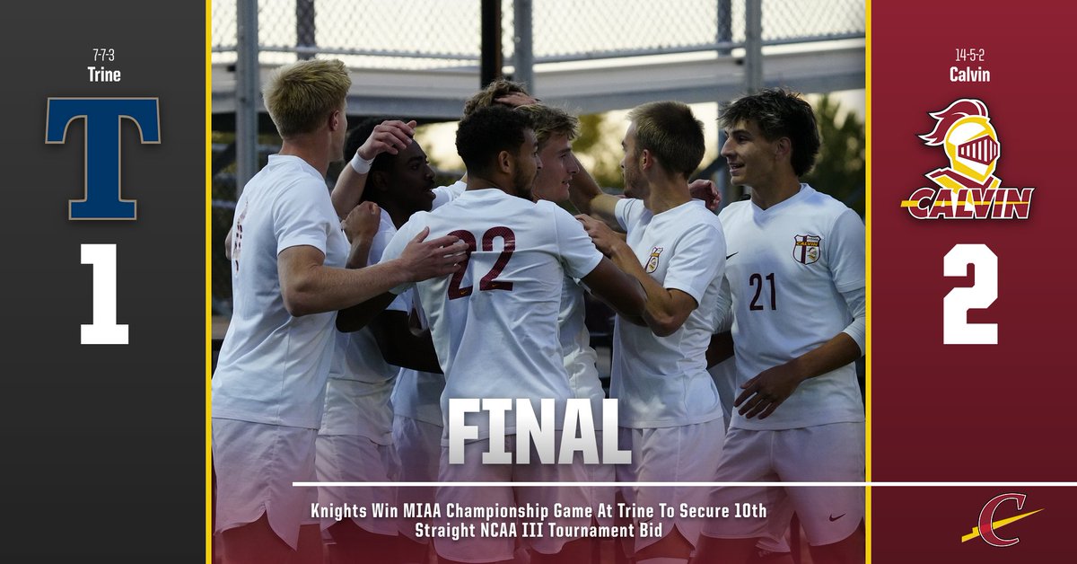 CalvinKnights's tweet photo. Final - Calvin men's soccer tops Trine 2-1 to win MIAA Tournament Championship! The Knights are heading to the NCAA Tournament for the 10th straight season!

Xtreme Hauk scored both goals for the Knights #GoCavlin https://t.co/MIGj7cKHuo