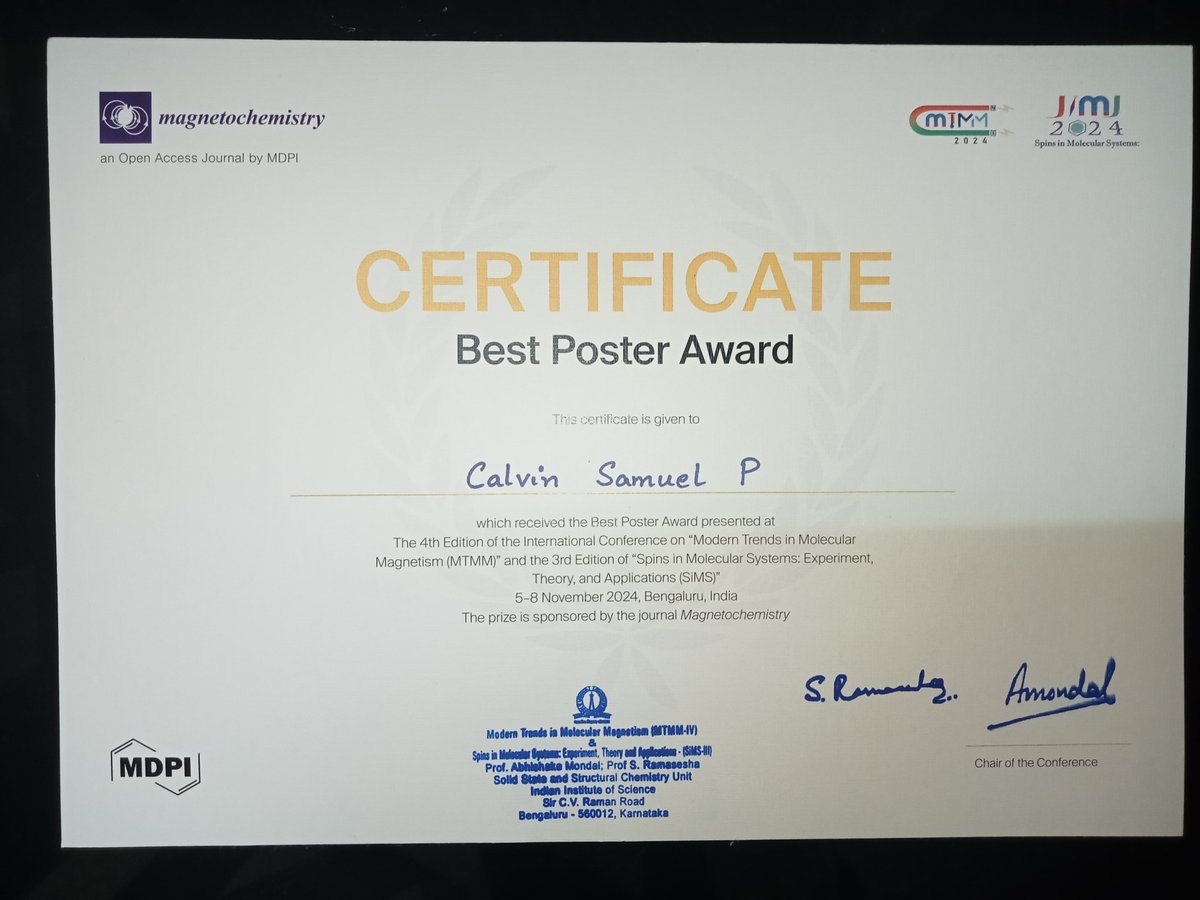 calvin_samp's tweet image. Won the best poster award at 4th edition of international conference MTMM-SiMS held at IISc, Bengaluru for presenting work on novel approach to interlinking clusters and their application as electrocatalyst. For more details about our work, check out pubs.acs.org/doi/10.1021/ac…