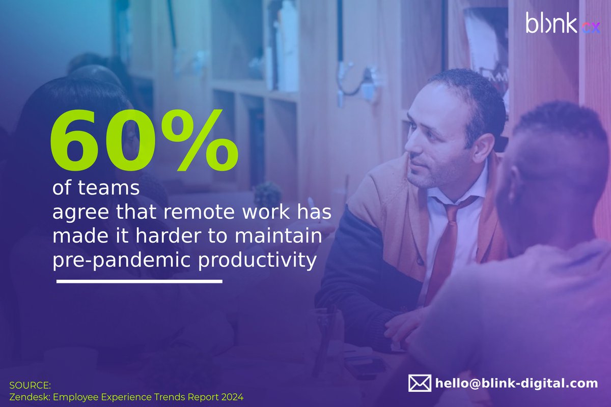Hi. Vee here!

Ending this week with a stat from <a href="/Zendesk/">Zendesk</a> that shows 60% of teams agree that remote work has made it harder to maintain pre-pandemic productivity.

How does your company balance out work-life balance and ensure workplace productivity?
#EmployeeExperience #EX