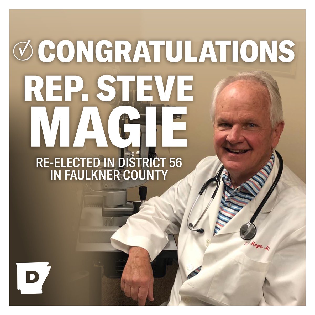 ArkDems's tweet photo. Democrats DEFENDED in Conway 🤩

Rep. Steve “Doc” Magie won by only 10 votes in 2022, but he ran up the score in 2024 to win by more than 800 VOTES 👏

Doc’s leadership &amp; common-sense will be returning to our State House. THAT is a BIG win for Arkansas 🏆 https://t.co/njt1Bm8X3U