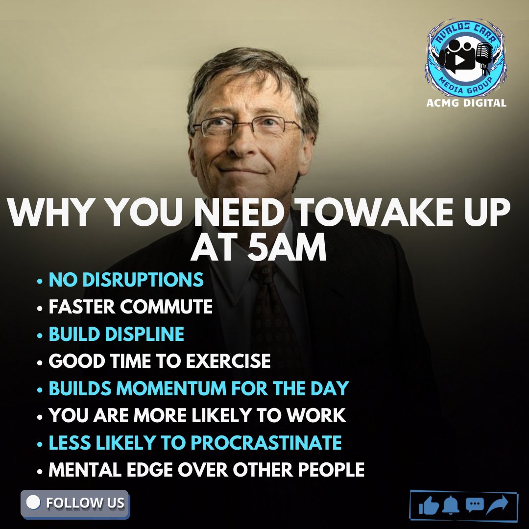 AcmgDigital7's tweet photo. Why wake up at 5 AM? 🌅

No disruptions
Faster commute
Build discipline
Exercise time
More likely to work &amp; less procrastination
The early bird really does get the worm! 🐦💥
#AlwaysACMG #5AMRoutine #Productivity #Discipline #MentalEdge https://t.co/WzzS2r9rJG