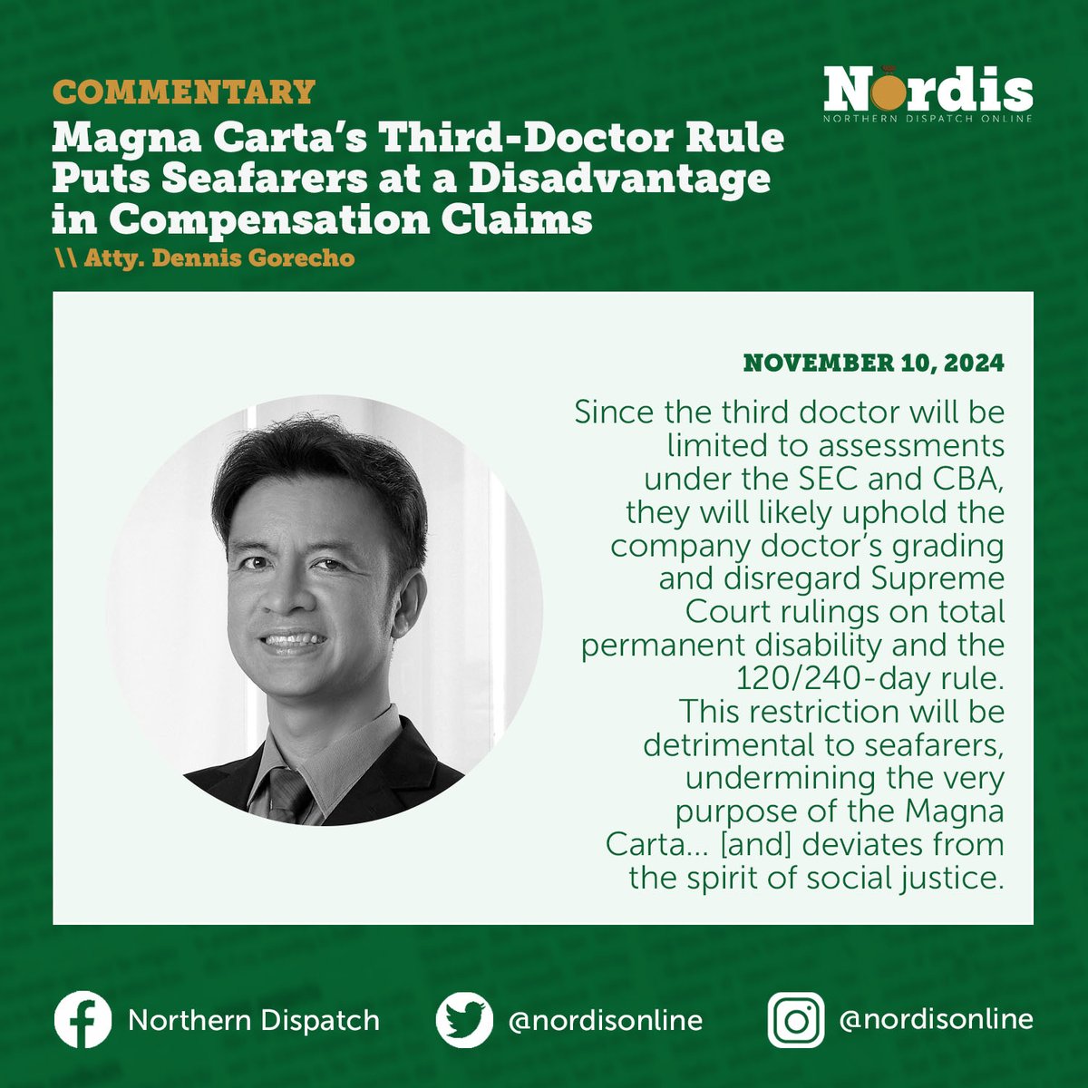 OPINION| The parameters for third-doctor consultations under the newly signed Magna Carta for Filipino Seafarers will reduce claimants’ chances of receiving favorable outcomes in compensation cases. Read: bit.ly/3O2MYjO