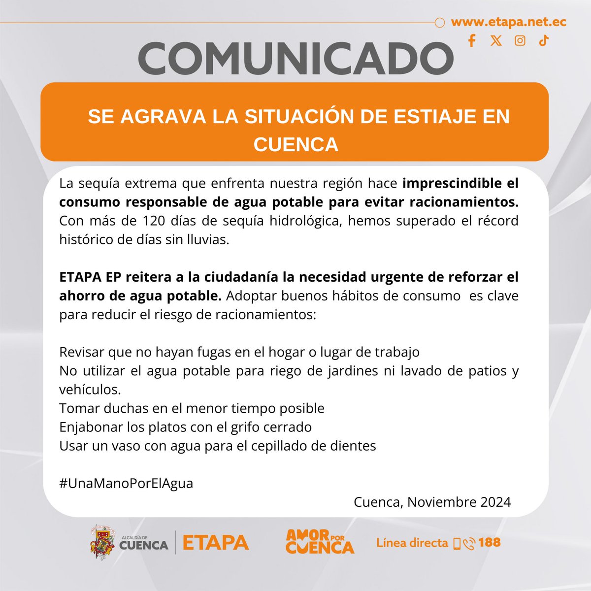 ETAPAOficial's tweet photo. Alerta #UnaManoPorElAgua | Pedimos a la ciudadanía intensificar el ahorro de agua para prevenir racionamientos ante la crítica situación de estiaje.

Con tu colaboración, podremos superar este desafío.

@czamoramatute 
@maveronicapolo 
@MunicipioCuenca https://t.co/PVcVZ6DUyt