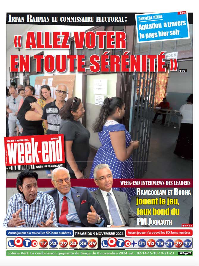 🔴 Voici la Une de Week-end de ce dimanche 10 novembre 2024. 🗞📰 

Consultez le journal en ligne 

lemauricien.com/pdf/pdf-weeken…

ou en l'achetant en version imprimée chez votre revendeur habituel.

Bonne lecture 🙂 et bonne journée 😊