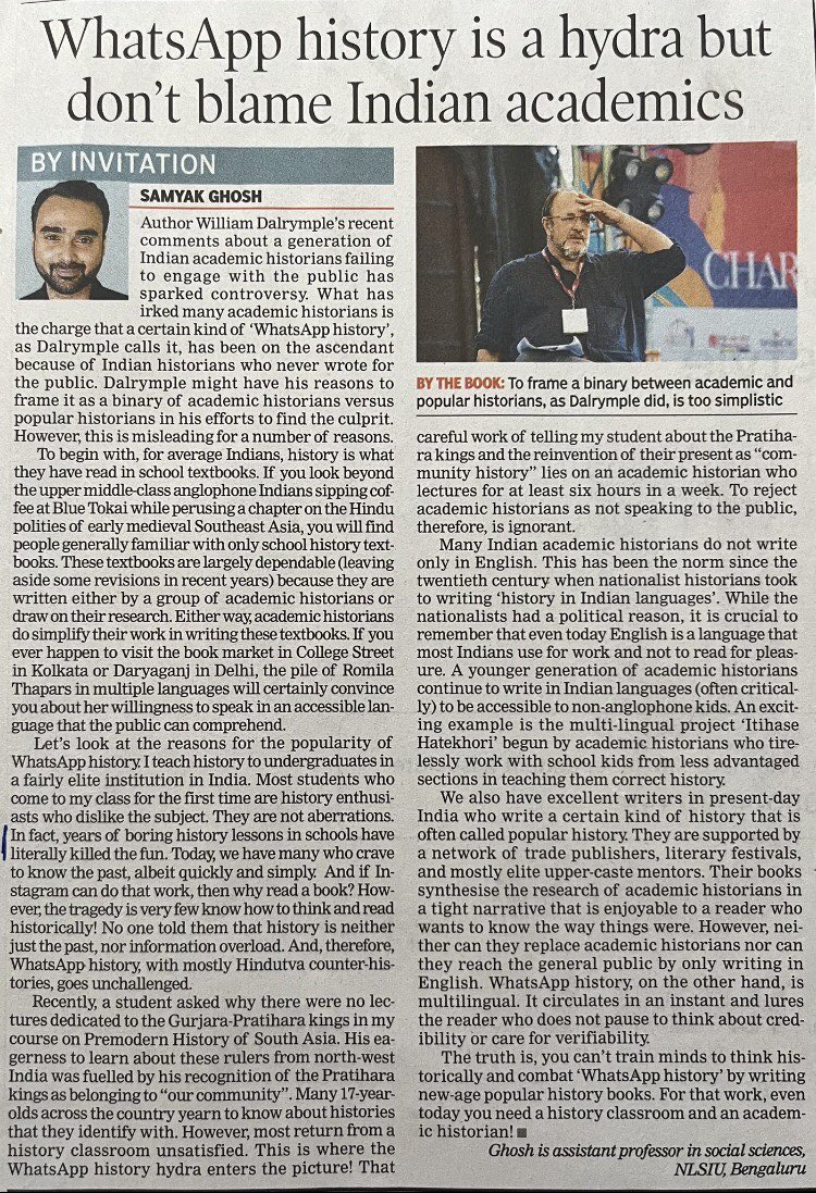 Why we need academic historians and better history classrooms to fix the current situation! Blaming academic historians as the problem is a misguided diagnosis! 

Read my thoughts on the recent public debate wrt “WhatsApp History” in TOI today!