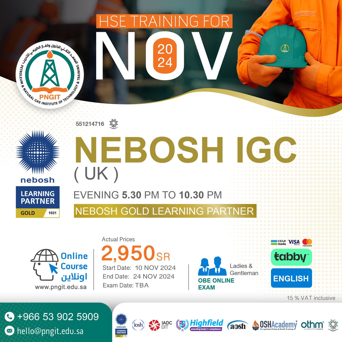 PngitSaudi's tweet photo. 📢 احصل على الشهادة المعترف بها عالميًا! دورة NEBOSH IGC الدولية للصحة والسلامة المهنية متاحة الآن في معهد التقني للبترول والغاز الطبيعي (PNGIT)! 

⚙️✨ ارتقِ بمهاراتك واحصل على المعرفة اللازمة لتحقيق بيئة عمل آمنة 🌍🔒

Get globally recognized certification! The NEBOSH IGC in Occupational Health and Safety is now available at Petroleum & Natural Gas Higher Institute of Technology and Training (PNGIT)! 

⚙️✨ Enhance your skills and gain the knowledge to ensure a safer workplace 🌍🔒

#NEBOSH #PNGIT #TechnicalTraining #NEBOSH #التدريب_التقني #السلامة_المهنية #دورات_تدريبية #تدريب_سلامة #OccupationalSafety #TrainingCourses #SafetyTraining #nebosh_IGC