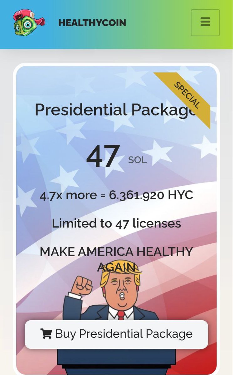 HealthyCoinHYC's tweet photo. Since Trump got elected as 47th US President, we also offer you a new super limited VIP License that earns you 4.7x more than others 🚀

Its time to "Make America Healthy Again" 📈

Buy:  https://t.co/i2fyZIUEHg

#crypto #solana #presale https://t.co/8coBFVifN8