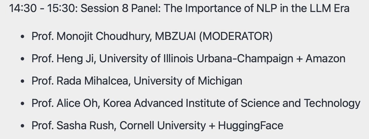 We're also excited to announce our  #EMNLP2024 panel on Wed., Nov. 13!

Title: The Importance of NLP in the LLM Era
featuring <a href="/hengjinlp/">Heng Ji</a> <a href="/radamihalcea/">Rada Mihalcea</a> <a href="/aliceoh/">Alice Oh</a> <a href="/srush_nlp/">Sasha Rush</a> moderated by <a href="/monojitchou/">Monojit Choudhury</a>