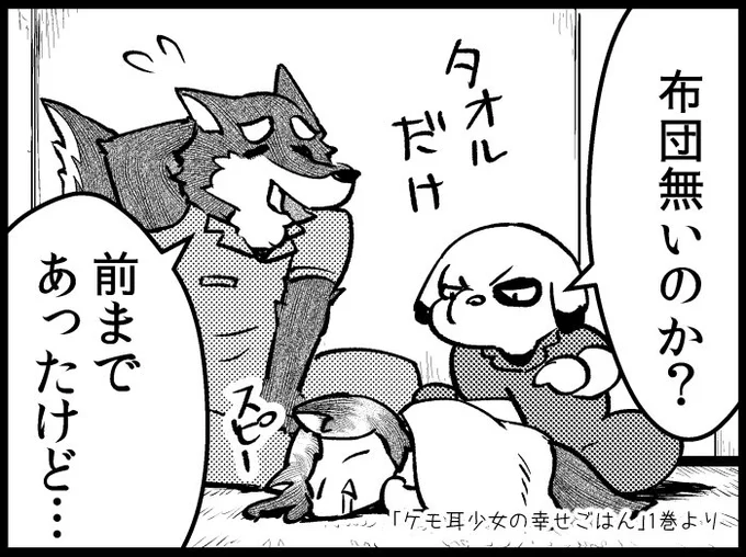 【描き下ろしチラ見せ①】
コミックス描き下ろし四コマから一部をチラ見せ

ワー助の家に布団が無いワケは…?
続きはコミックスで!

『ケモ耳少女の幸せごはん』
\コミックス第①巻 11月14日発売/
https://t.co/gjdjWqpeDr 