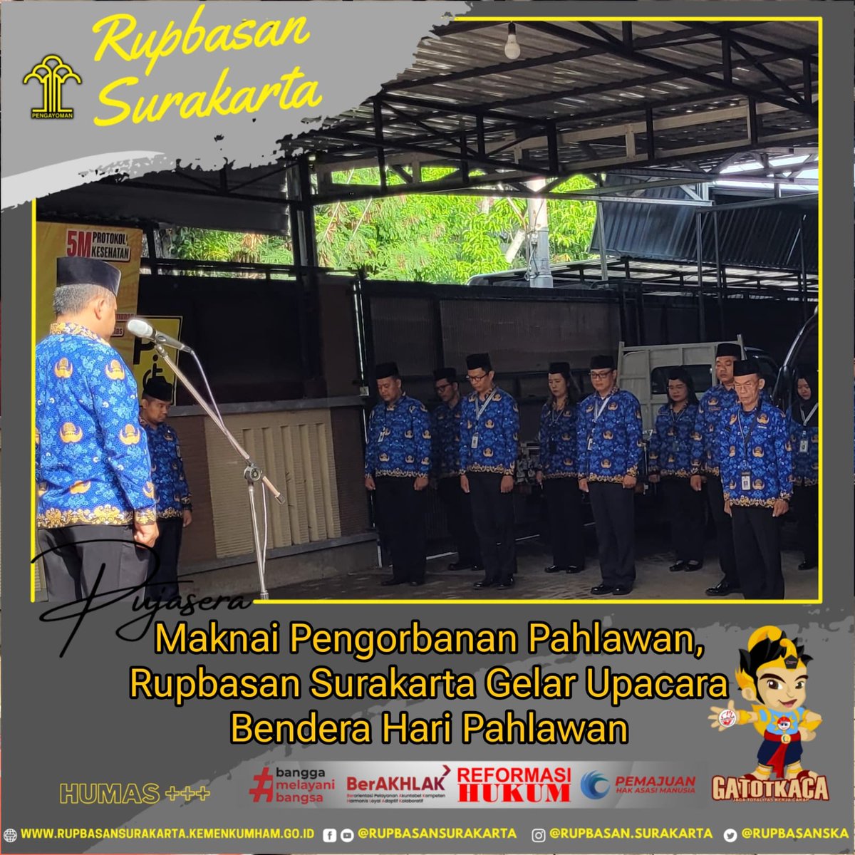rupbasanska's tweet photo. Salam Bersahaja Lur ! Mimin hari ini melaksanakan upacara bendera memperingati Hari Pahlawan. Hormat untuk para Pahlawan yang telah berhasil mempersembahkan Kemerdekaan bagi Bangsa kita

Maturnuwun like dan commentnya. Dukung kami wujudkan #wbbm2024 

#kemenkumhamjateng #rupbasan https://t.co/Se2to7cqE7