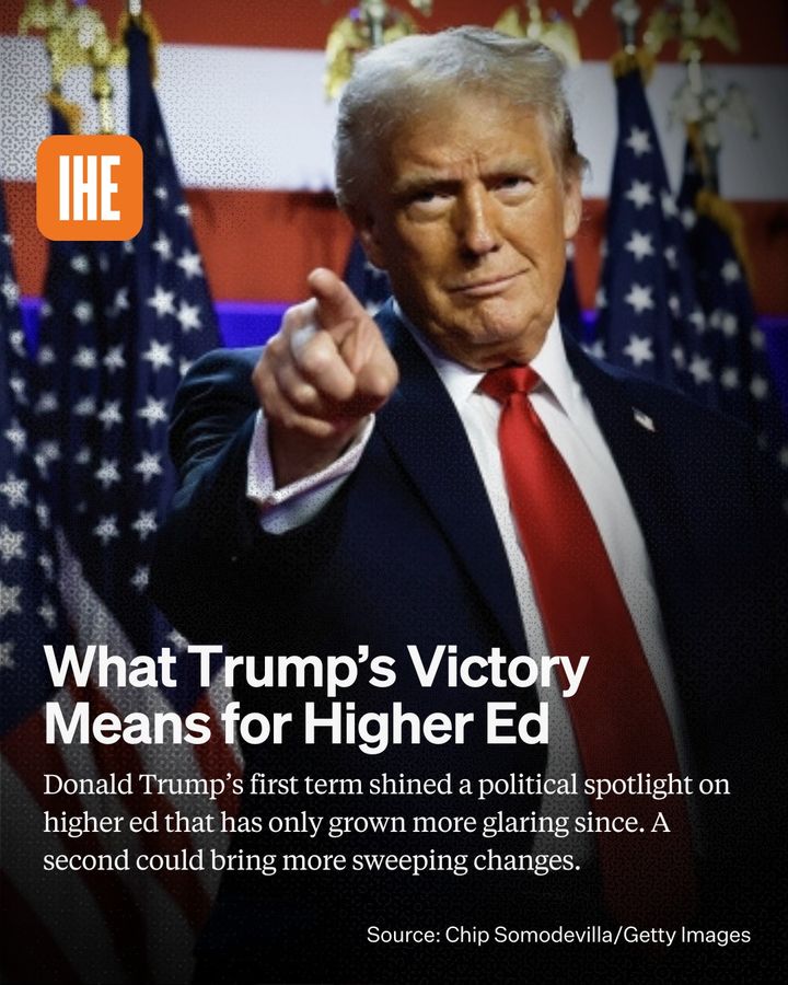 insidehighered's tweet photo. ICYMI | After a divisive and historic election, Donald J. Trump emerged Wednesday with enough electoral votes to return to the White House in January. He'll be the country’s second-ever president to serve two nonconsecutive terms.

A second Trump administration will likely ramp up scrutiny of colleges and universities and empower advocates for sweeping reform of the sector during a historically unstable time for American higher education. As enrollments flounder and public disillusionment with college cost grows—and after a year of negative public attention over campus protesters and federal policy blunders on student debt and financial aid—that shift could have transformative implications for higher ed.

Read more ➡️ https://t.co/vF6sNU3IED