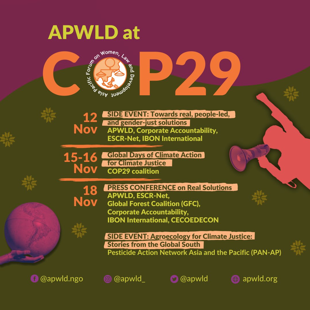 apwld's tweet photo. #COP29 begins tomorrow!
APWLD is in Baku, Azerbaijan to attend the UN climate change conference with our partners, members and allies to amplify grassroots women’s demand for gender-responsive and accessible financing for #RealClimateSolutions.
Mark the dates!
#APWLDatCOP29 https://t.co/NAXYayaKKQ