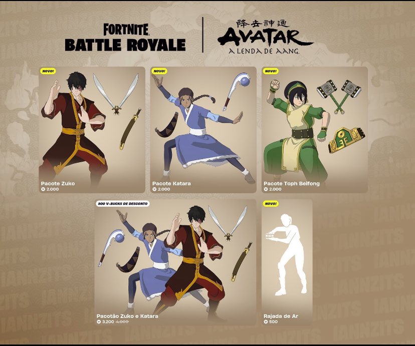ygonalu's tweet photo. Também estão deponiveis o pacotão Zuko e Katara-Disponivel até 13 de novembro,eae vcs irão comprar?comenta aqui em baixo!!

#Fortnite #Avatar https://t.co/AtZrui95lt