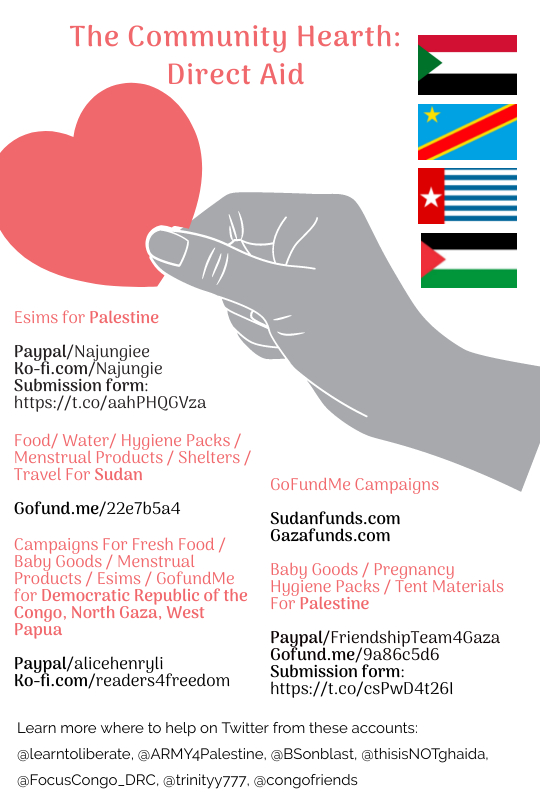 If you are feeling overwhelmed and unsure of where to channel your energy- here are some groups that are doing incredible work on helping the Democratic Republic of the Congo, Palestine, Sudan, and West Papau. All of our struggles are connected. Take care of yourself and others