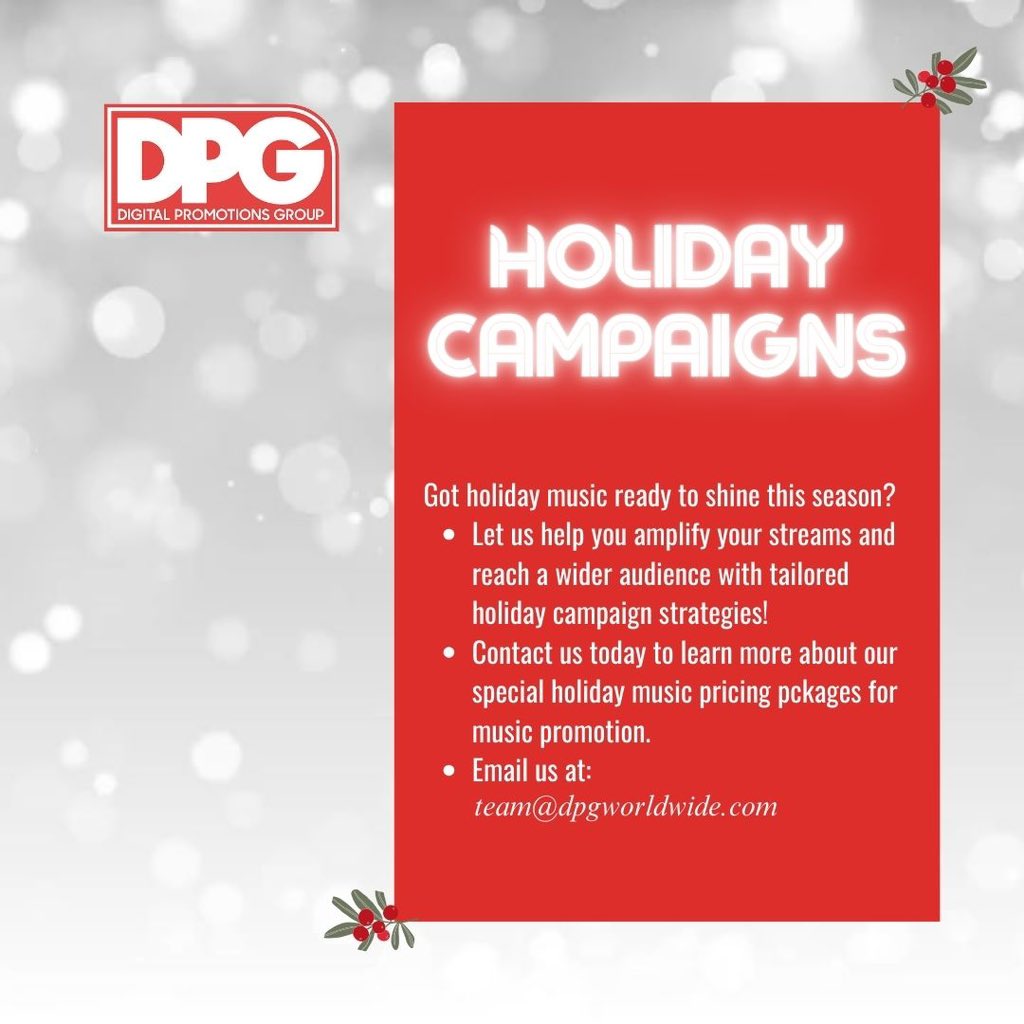 It's that time of the year again! Got holiday hits you want the world to hear?🎵✨ DM us for exclusive holiday campaigns and get your music heard by thousands! ❄️🎶
#DPGWorldwide #GetYourMusicHeard #music #MusicPromotion #HolidayMusic