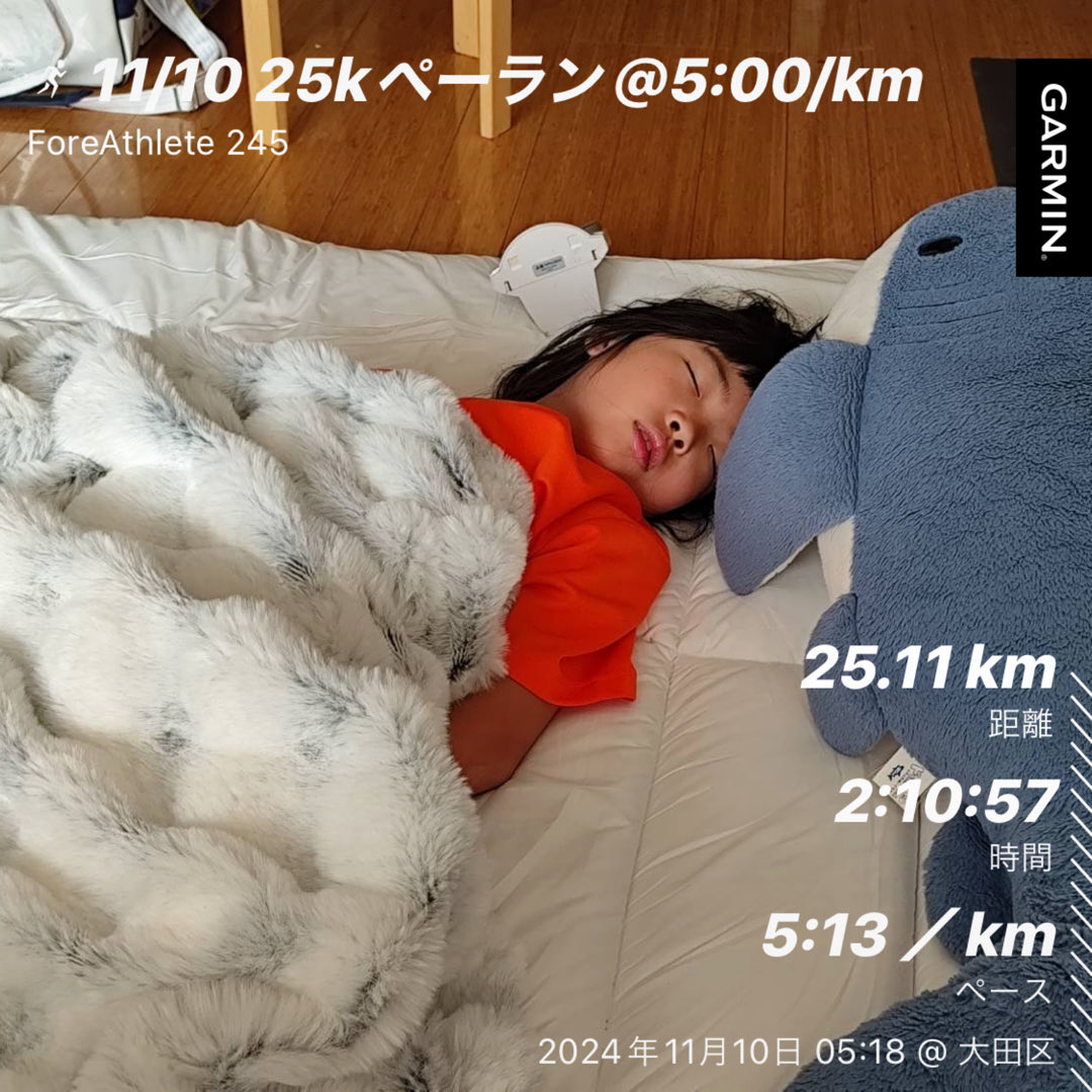 11/10 曇り☁️13℃ 25kmペーラン(Ave. 5'13/km) + UpDown Jog 7.7km
151 bpm Vaporfly Next%2
25'01"_25'02"_25'05"_25'47"_29'30"
早朝5時過ぎからタマリクのメンバー4名と㌔5ペース走に参加。先週よりもパフォーマンスが悪く、15kmくらいまでしかついて行けなかった
＃これから2部練(ムシュメ発表会)