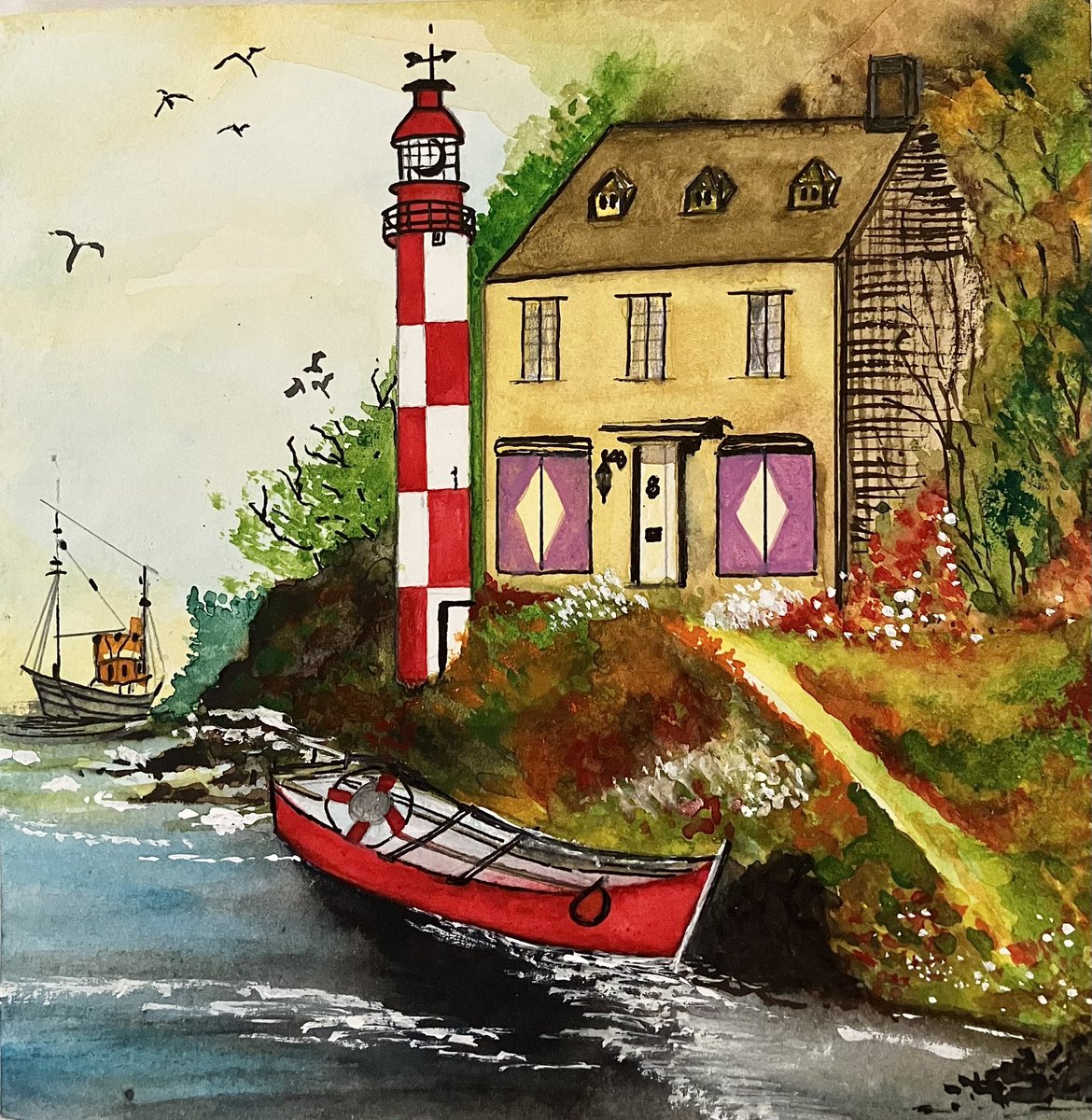 New painting tonight. #watercolorpainting #watercolor #boats #lighthouse