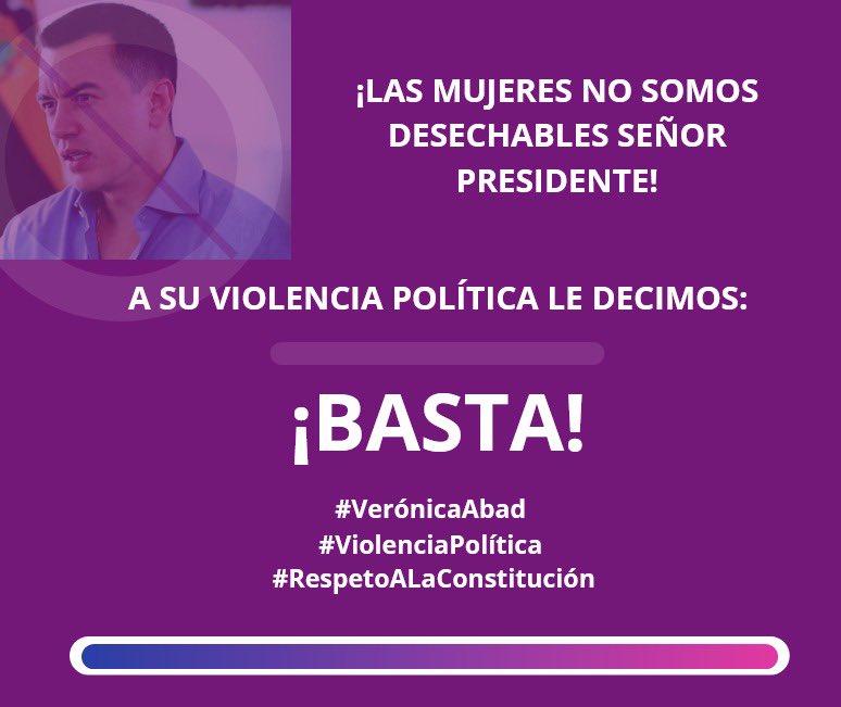 🚨 Presidente <a href="/DanielNoboaOk/">Daniel Noboa Azin</a> ¡Las mujeres no somos desechables! 🚨 A su violencia política de género le decimos ¡BASTA! ✋ No permitiremos más abusos ni retrocesos en nuestros derechos💪🏽💜 #VerónicaAbad #ViolenciaPolítica