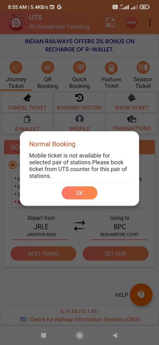 ankabir91's tweet photo. @EasternRailway @RailMinIndia @drmsdah Although having connecting trains, UTS ticket cannot be booked from JRLE to BPC, KNJ, RHA &amp; Other stations of that route. Plz take N.A. https://t.co/nknwAJJEUC