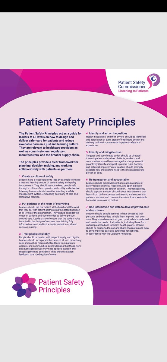 myfight2beheard's tweet photo. Here, we have the new Patient Safety Principles (a 'guide' for leaders at all levels) and also previous guidelines that were repeatedly flouted.
My question remains the same, how will you enforce them?
@PSCommissioner @wesstreeting @gmc @HCAHospitalsUK @NIHRresearch https://t.co/kRRqSzjTV0