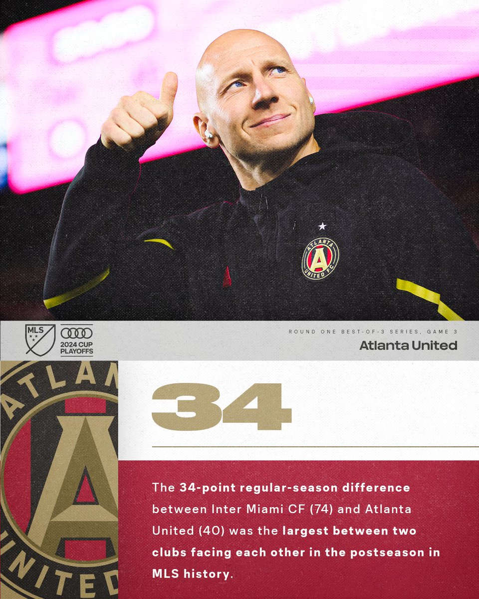 The 34-point regular-season difference between Inter Miami CF (74) and Atlanta United (40) was the largest between two clubs facing each other in the postseason in MLS history.