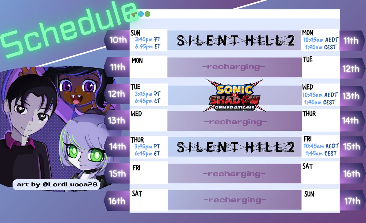 STREAM SCHEDULE: Nov 11th - Nov 17th

Silent Hill 2 Remake ENDINGGG! Then we doin a UFO ENDING RUUUN! 👽And starting Sonic &amp; Shadow Generations!!! MY BOY SHADOW ILY

#Vtuber #ENVtuber #VtubersWithDisabilities