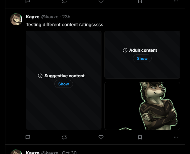 howlbyte's tweet photo. Instead of having to mark an entire post a rating, you can mark your individual attached media their own ratings! They'll be hidden (not even loaded) until you show, and you can hide them again if needed.

Preferences will allow you to customize the default viewing experiences. https://t.co/i9NFMwBhXC