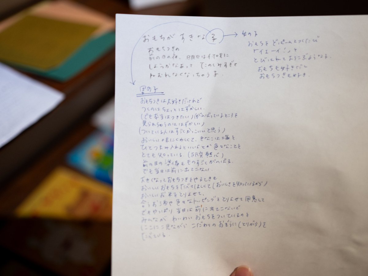 「おりがみおてがみ」で手紙を描いているのは架空の子で、音楽の岡本さんと、その子はどんな子で、何が好きで、何が苦手で、こんな事があって、将来こんな事をする、という物凄く細かい設定を決めます。