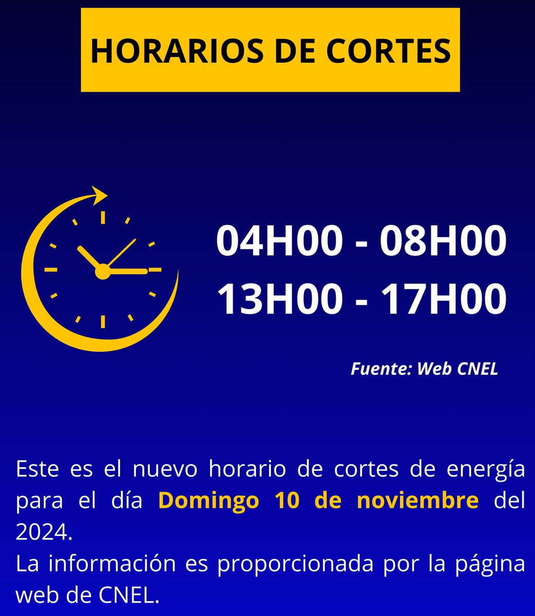 Estimados residentes, informamos que  CNEL realizó un cambio en los horarios de cortes de energía para el día de mañana 10 de noviembre. 👇👇👇