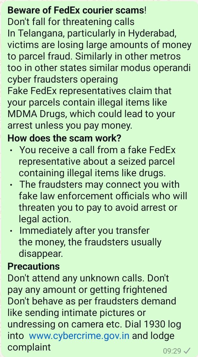 #FEDEX_COURIER_CYBER_SCAM
Fraudsters calling innocent citizens telling them that they are calling from Custom department and there is a courier in their name which contains illegal items like NDPS drugs. Further they threaten the citizens putting them under fear of arrest (1/2)