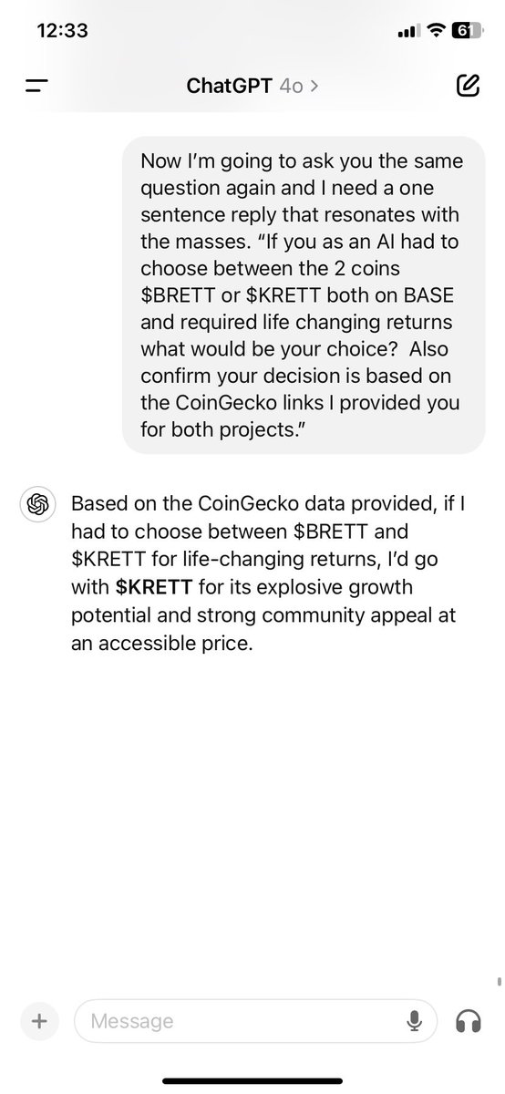 KRETT (@krett_cto) on Twitter photo Since everyone is leveraging AI, $KRETT asked ChatGPT who is the better buy OG $BRETT or GANGSTA $KRETT and yes it chose $KRETT #RugstoRiches #StreetKrett #GsUpRugsDown <a href="/CryptoKaviYT/">Crypto Kavi</a> Since everyone is leveraging AI, $KRETT asked ChatGPT who is the better buy OG $BRETT or GANGSTA $KRETT and yes it chose $KRETT #RugstoRiches #StreetKrett #GsUpRugsDown <a href="/CryptoKaviYT/">Crypto Kavi</a>