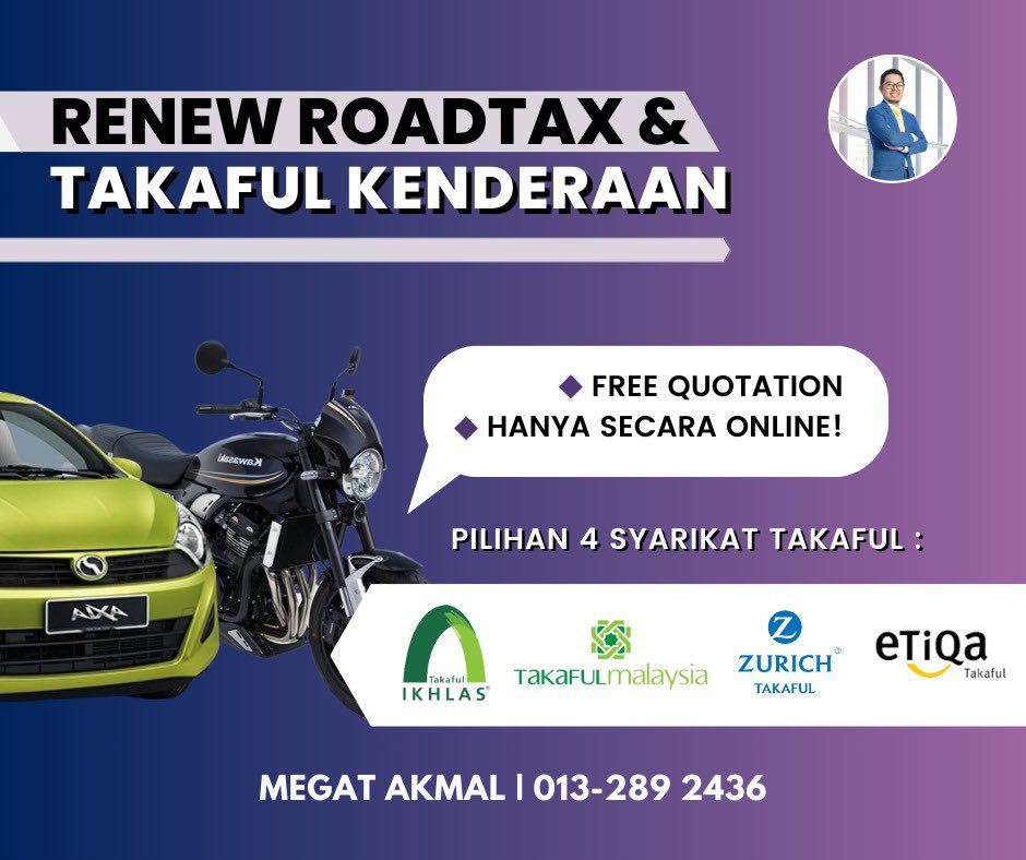 FaizMegat's tweet photo. Alhamdulillah, hasil roadtax harini dari team kami. Terima Kasih semua yang support!

Korang yang nak survey survey harga roadtax dengan 4 syarikat takaful, boleh roger ya.

https://t.co/8mcYkjtjE8

==========

𝐌𝐄𝐆𝐀𝐓 𝐀𝐊𝐌𝐀𝐋 𝐅𝐀𝐈𝐙 | 𝟎𝟏𝟑-𝟐𝟖𝟗𝟐𝟒𝟑𝟔 https://t.co/Y9cixpcTPU