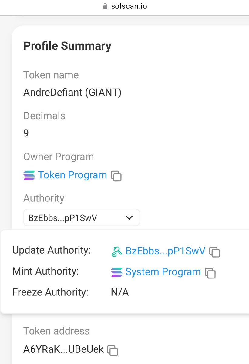 Andre_Defiant's tweet image. $GIANT AndreDefiant is Unmintable. The authority was given to the system program that runs Solana,Most big platforms recognize this Dexscreener,Dextools,Birdeye,Jupiter strictlist. But some platforms warn its mintable when it's impossible to mint more or get authority back.Thanks