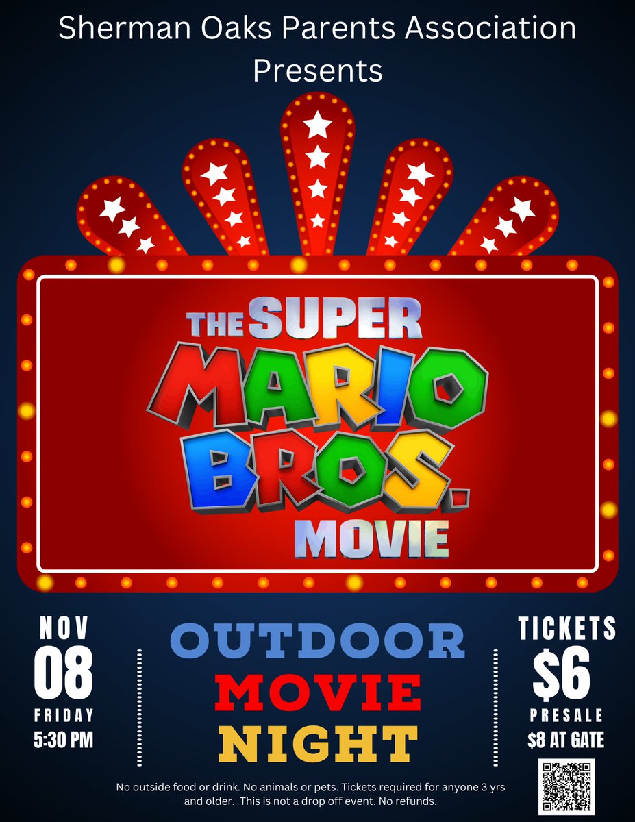 Hey SOEC. Grab your chairs and blankets and get ready for Outdoor Movie Night!  
Tickets go on sale today!  VIP Seating is limited! scan the QR code for tickets. Tickets are $6 online presale only, $8 at the door.