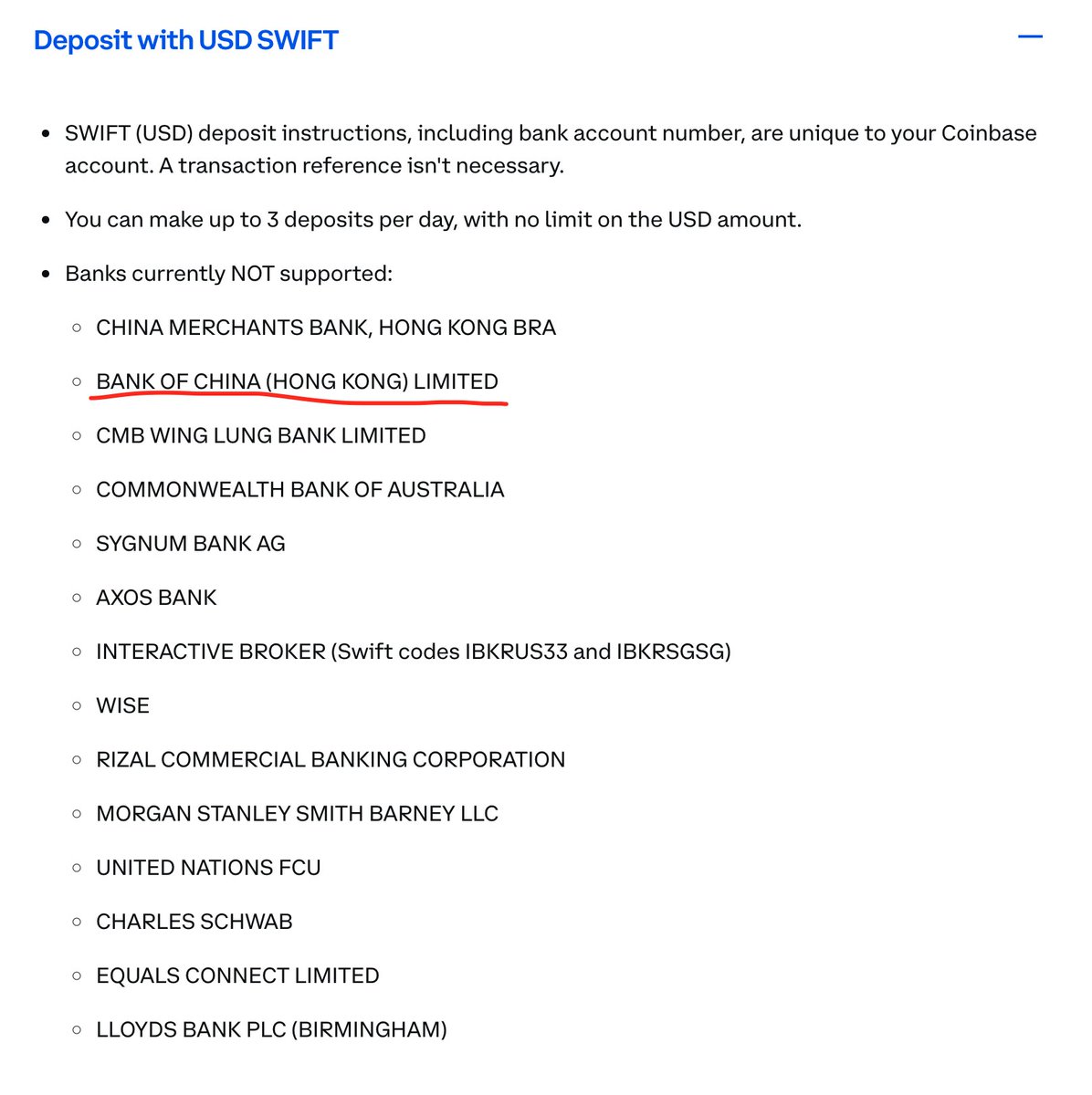 不能从以下银行入金coinbase，尤其中银香港，招银香港，盈透，wise，嘉信也不行。