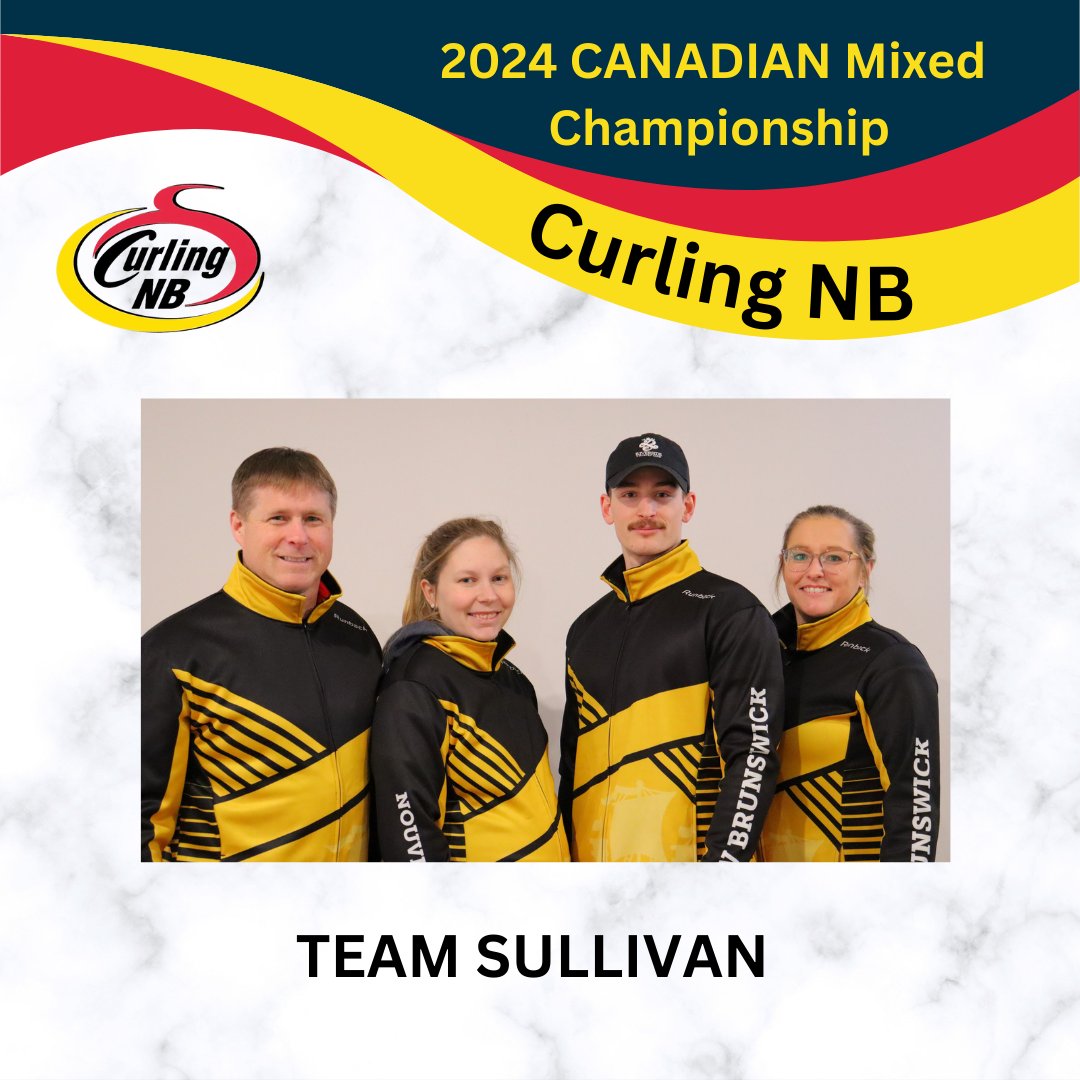NB's Team Sullivan (Charlie, Leah Thompson, Josh Vaughan &amp; Carol Webb) hit the ice tomorrow against MB in the first draw at the 2024 Canadian Mixed Championship. Check out event details and full schedule at curling.ca.  Good luck Team NB!!