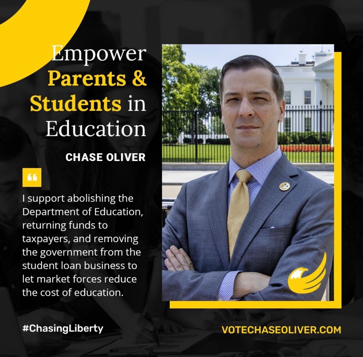 LPNational's tweet photo. ✅Abolish Dept of Education
✅Return Funds to Taxpayers
✅Get govt out of Student Loans
Vote Libertarian Chase Oliver for President! #ChasingLiberty https://t.co/GlVAEGc4xh