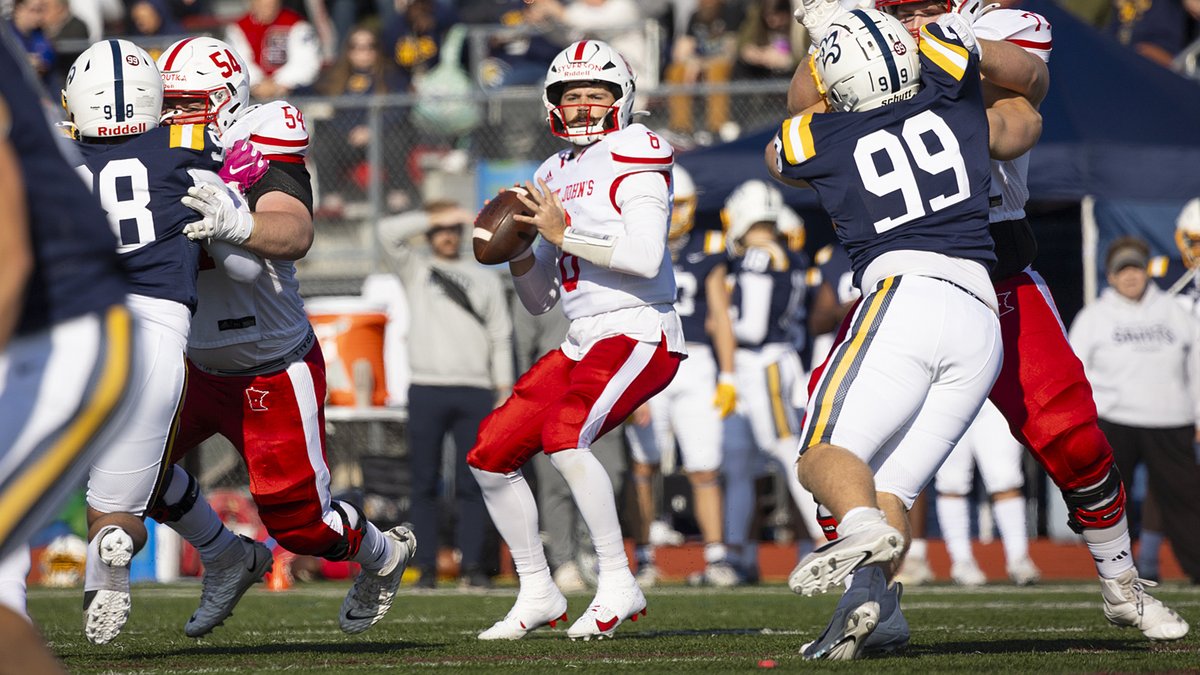Saint John's Athletics (@sjujohnnies) on Twitter photo Senior QB Aaron Syverson threw for 346 yards & 5 TDs despite exiting in the 2nd quarter as No. 3 <a href="/SJUFootball/">Johnnie Football</a> rolled past St. Scholastica 70-0 today in Duluth!
The win was SJU's 500th in MIAC play & its 3rd shutout of 2024.
RECAP: gojohnnies.com/news/2024/11/2…
#GoJohnnies #d3fb Senior QB Aaron Syverson threw for 346 yards & 5 TDs despite exiting in the 2nd quarter as No. 3 <a href="/SJUFootball/">Johnnie Football</a> rolled past St. Scholastica 70-0 today in Duluth!
The win was SJU's 500th in MIAC play & its 3rd shutout of 2024.
RECAP: gojohnnies.com/news/2024/11/2…
#GoJohnnies #d3fb