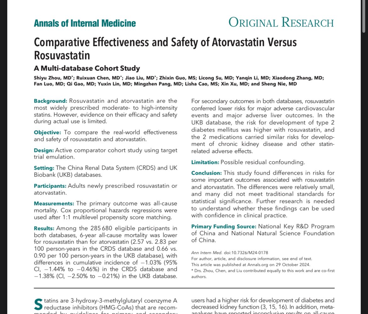 ebtapper's tweet image. This trial emulation compared atorvastatin to rosuvastatin 

Looked at mortality, MACE, and - 😍- liver events!

Rosuvastatin looking better
