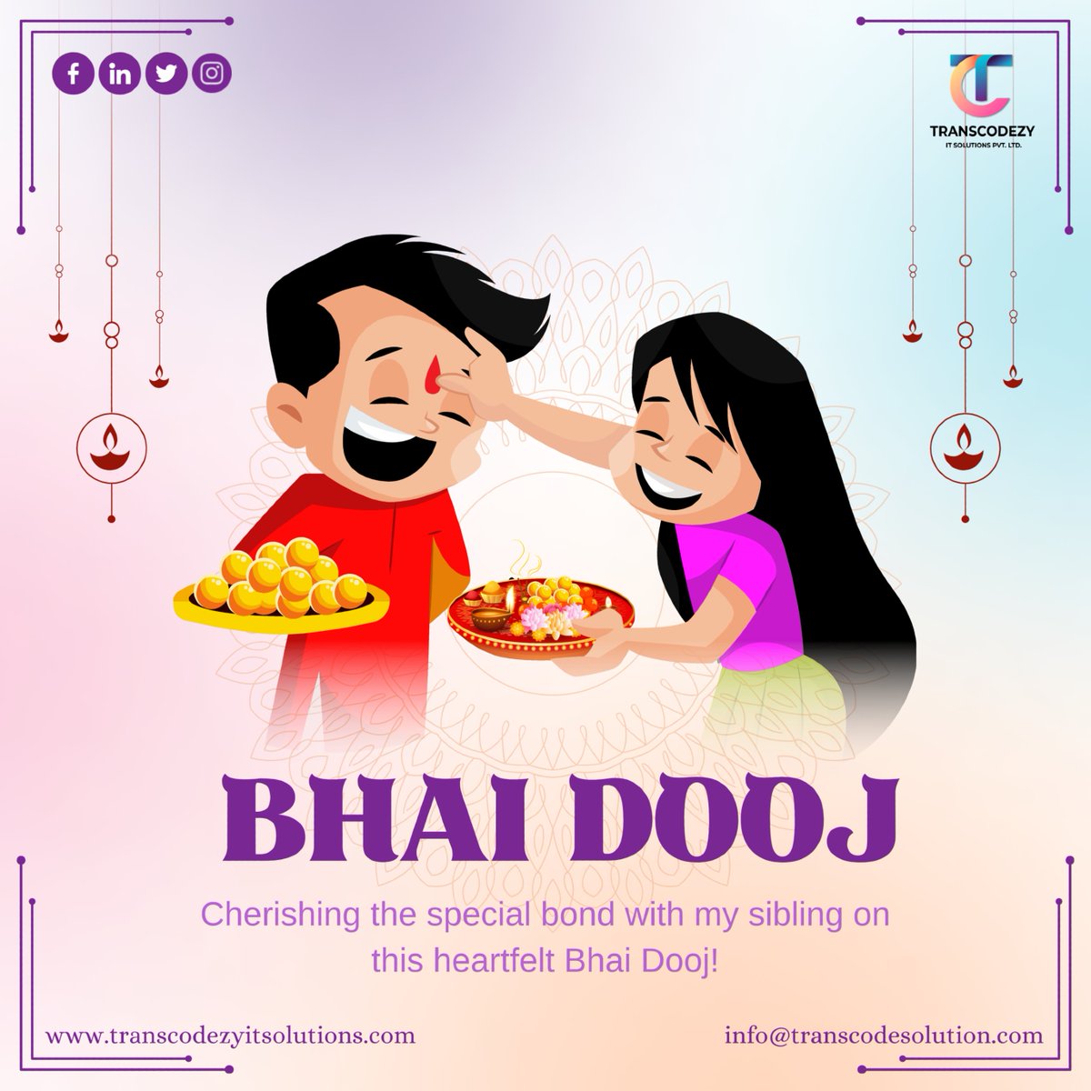 Transcodezy_IT's tweet photo. ✨Wishing Everyone a Joyful Bhai Dooj! 🌸✨

On this Bhai Dooj, we celebrate the bond of love and protection between brothers and sisters. May your sibling bond be filled with happiness and strength. 💖👫

#BhaiDooj #BrotherSisterLove #FestivalOfBonds #TranscodezyITSolutions https://t.co/CJ10BdJqbq