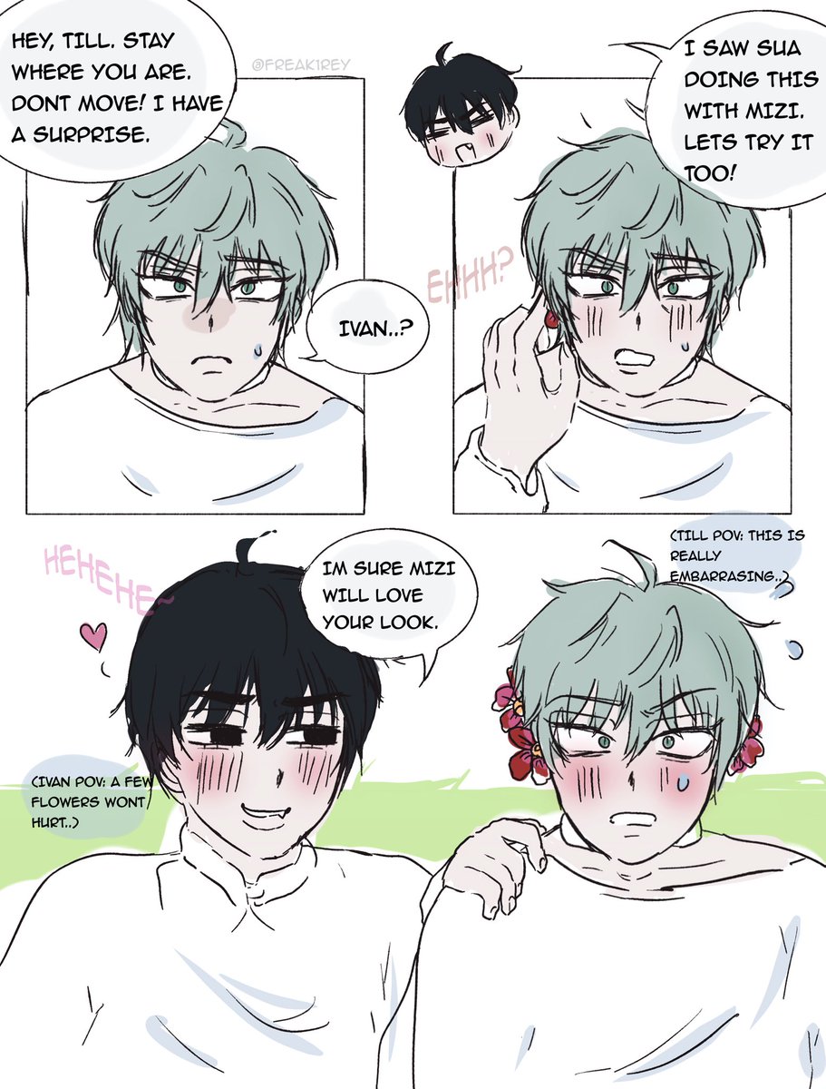 ivantill short comic ; a few flowers won’t hurt! 💌

sorry if it looks really lazy or ooc, i rushed so i could post this the next day immediately 🧍🏻. i hope you guys love it though! (hyuluka will be next.)

#alnst #alnsttwt #alienstage #ivantill